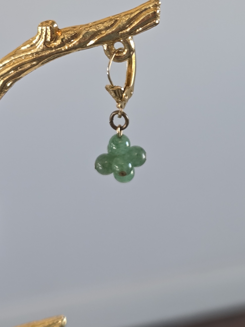 Gold Clasp Green Bead Clover Drop Earring